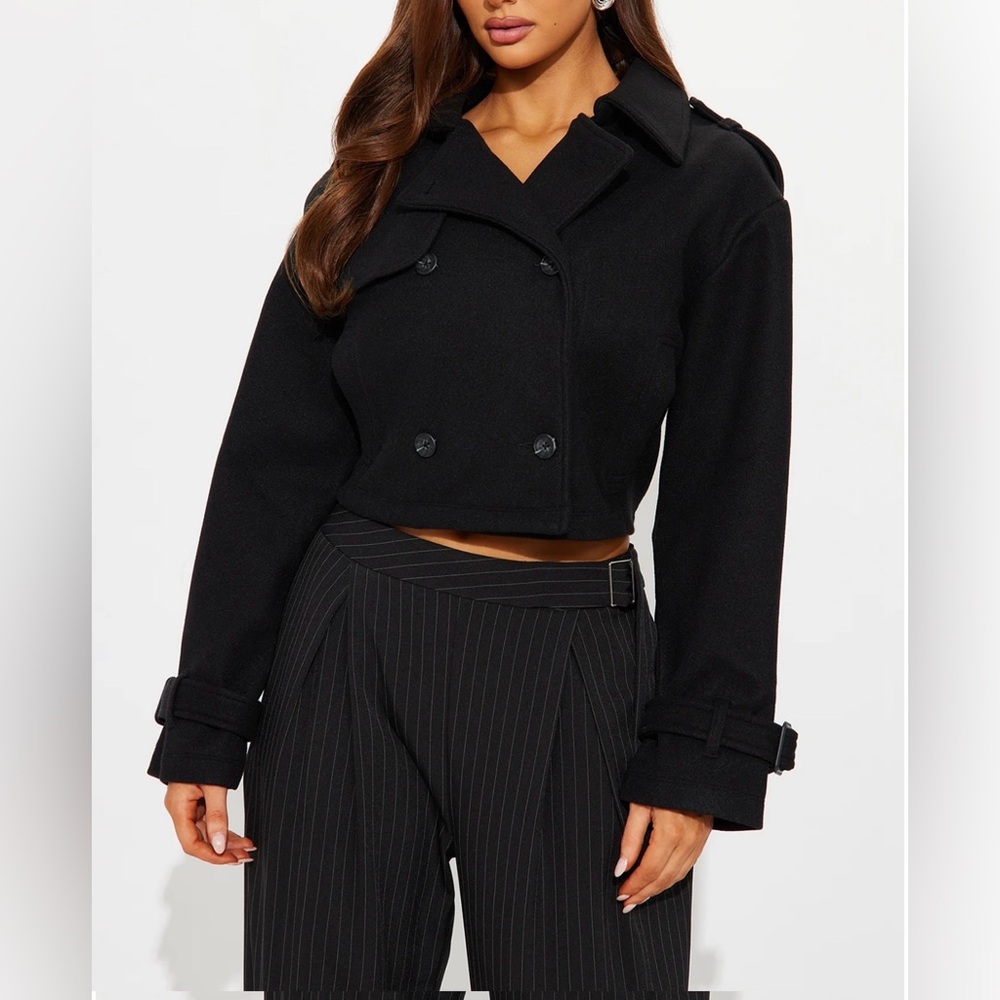 Black Long Belted Sleeves Cropped Double Breasted Collar Neckline Coat